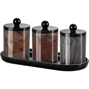 Qtip Holder Bathroom Set with Tray(4PCS) - 3 Pack  Plastic  Jars Qtip Dispenser Canister with Lid and Labels, 1 Pack  Tray, for  Ball,  Swab (Black)