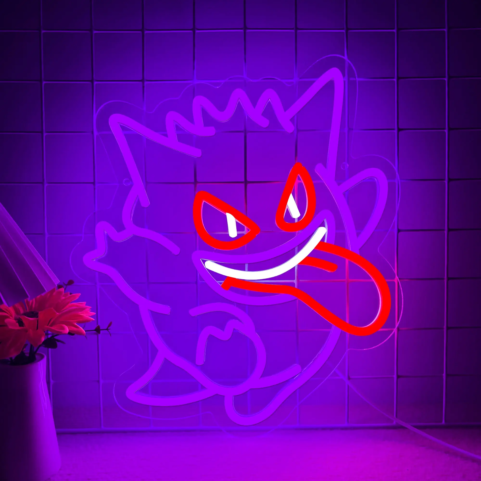 Gengar Neon Sign Anime LED Neon Sign, anime decoration, suitable for game rooms, men's spaces, children's and teenagers' bedrooms, USB dimmable night light wall lamp.