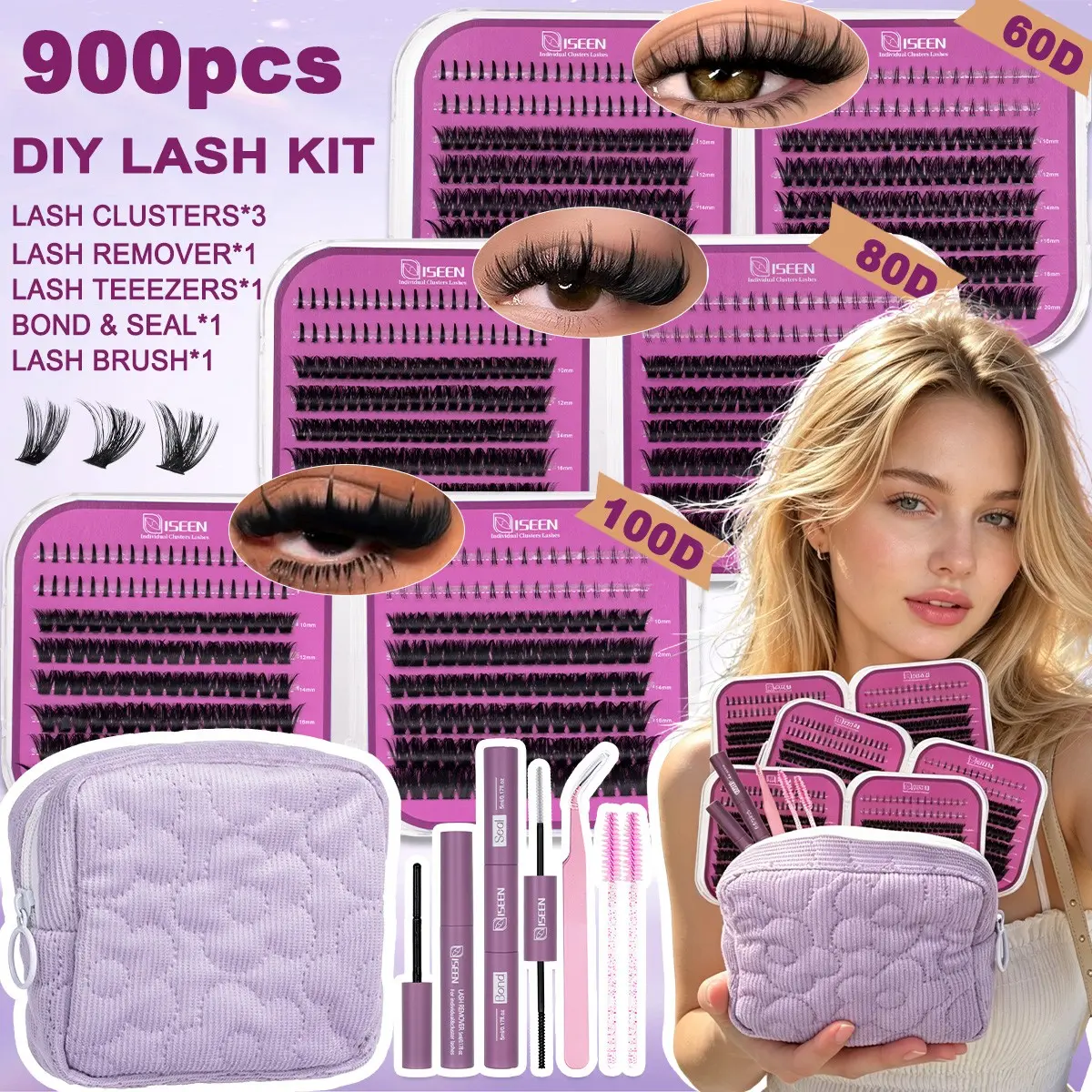  Manga Lash Extension with Waterproof Long-lasting Lash Bond and Seal,Tweezers and Remover for DIY Eyelash at Home Easily, Natural Makeup Girl Gifts suitable for daily commuting and travel, school portable bag, Quilted Purse