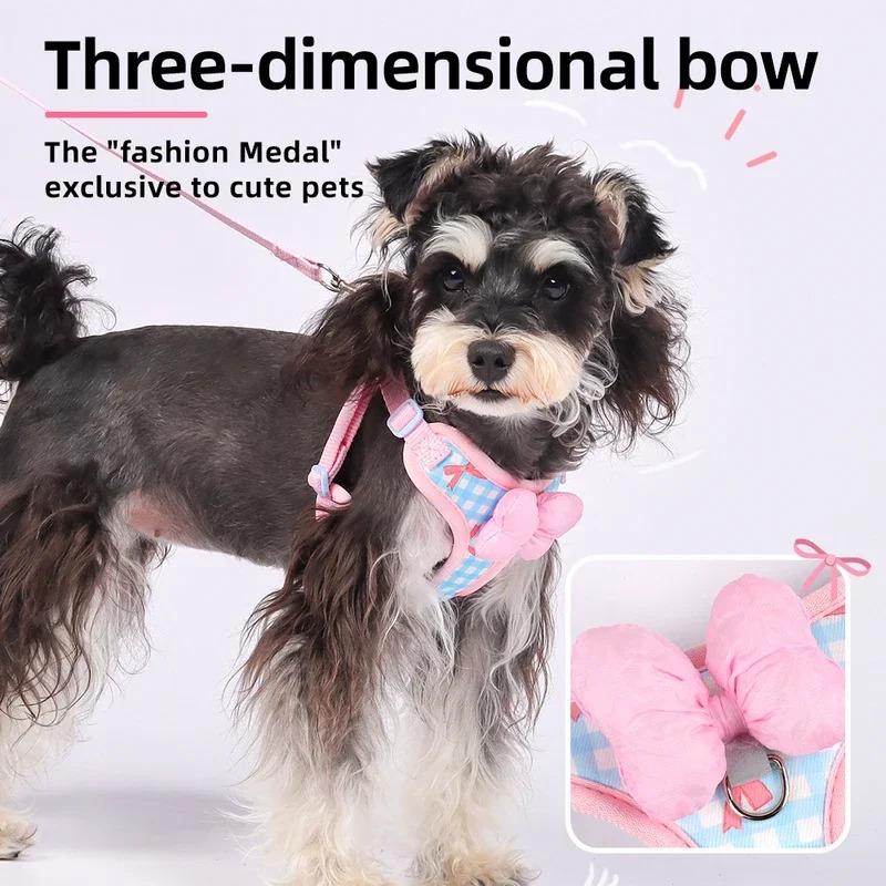 Cute Checkered Bow Tie Dog Harness Anti-Pull Dog Collars Adjustable Pet Harnesses Vest for Small  Dogs Walking Pet Supplie
