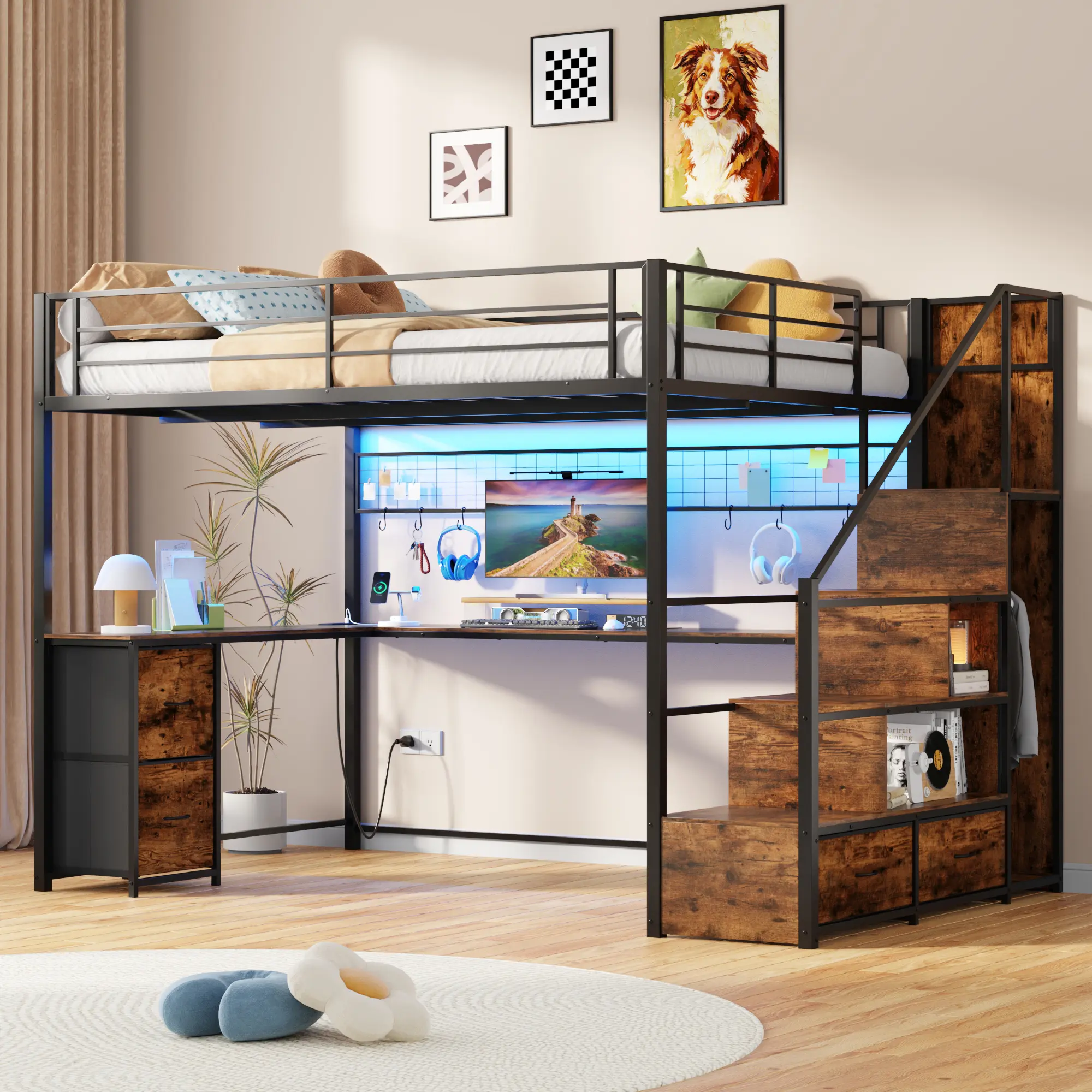 Full/Queen  Size Loft Bed with L-Shaped Desk, Stairs and Wardrobe, Metal Loft Bed Frame with Storage Shelves & Drawers, LED Lights and Charging Station, Rustic Brown