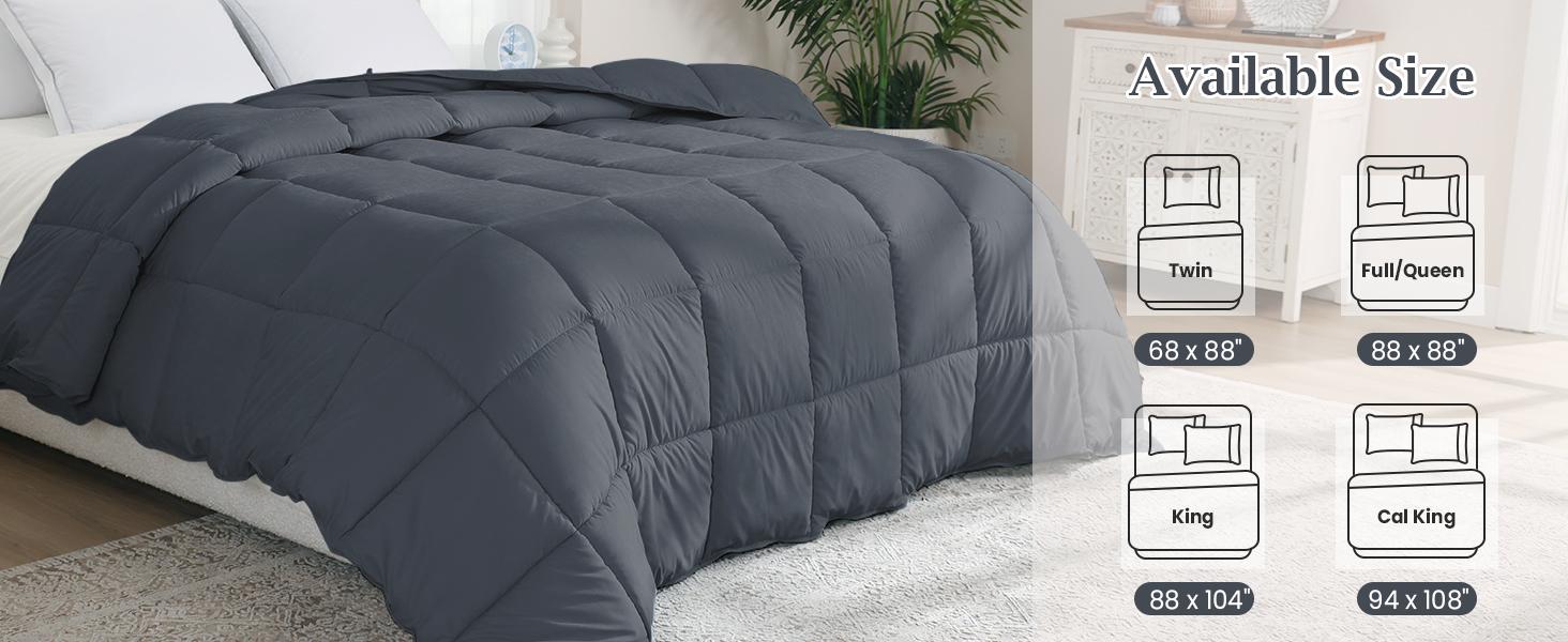 Queen Size Goose Feather Fiber and Down Comforter Duvet Insert All Season Hotel Luxury Bedding Comforters Soft Medium Warmth 88x88 Inches Dark Grey