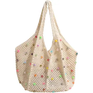 Boho Crochet Beach Tote Shoulder Bag with Colored Beads | Colorful Aesthetic Hippie Knit Bag for WomenGift