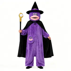 Monster Halloween Costume 4 Pcs Set, Plush Witch Onesie Jumpsuit with Hat Cape & Magic Wand, Unisex Cosplay for Parties