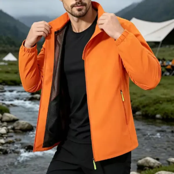 Men's stand-up collar jacket, featuring a full zipper closure, side zipper pocket, elastic cuffs, and a waterproof outer layer. Suitable for outdoor hiking and daily casual wear.