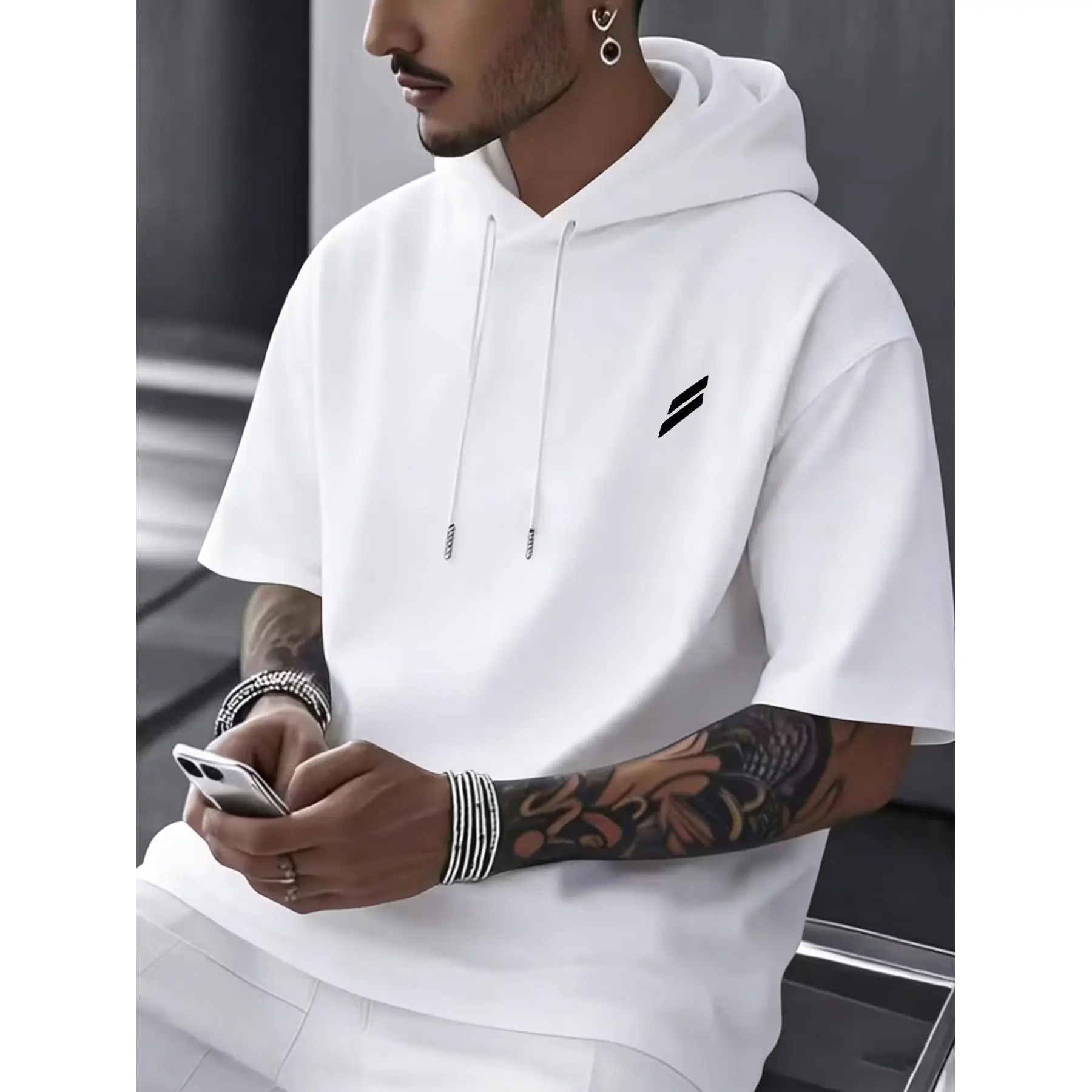 Summer New Men'S Hooded Short Sleeve T-Shirt, Double Slash Line Print Top, American Easy Casual Athletic Style Hoodie T-Shirt