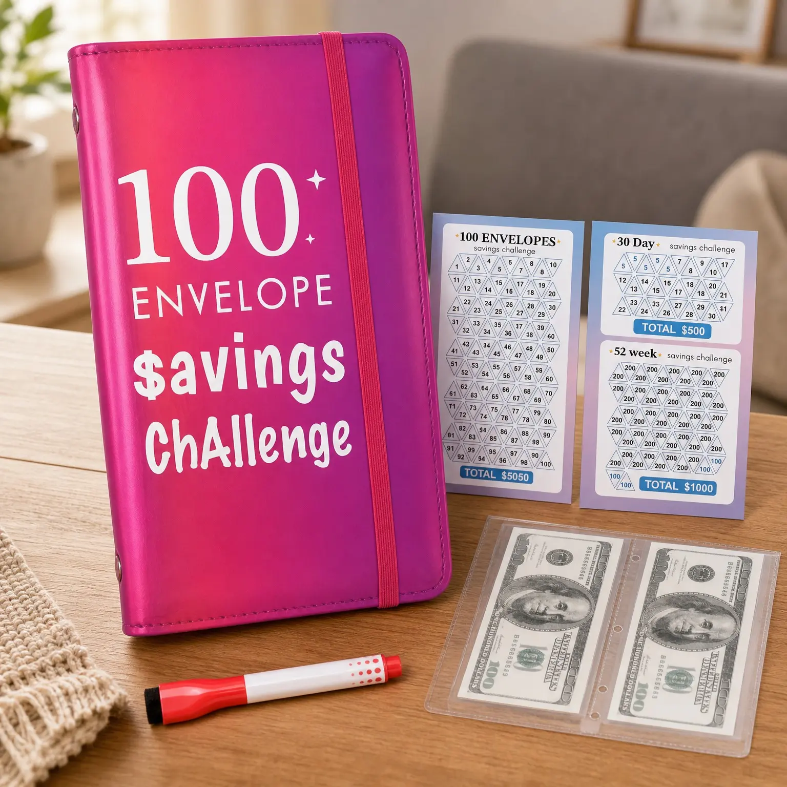 Money Saving Challenge Binder with 100 Envelopes, A6 Budget Trackers for 30-Day, 100-Day, 52-Week Goals: $500, $5,050, $10,000(Gift)