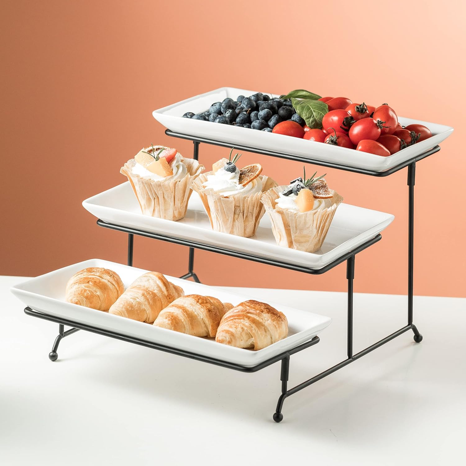 3 Tier Serving Trays Stand Porcelain Serving Platters 12 Inch White Serving Plates Dinner Platters for Appetizer Snack Fruit Cup Cake Server Tray Display Serving Dishes for Entertaining