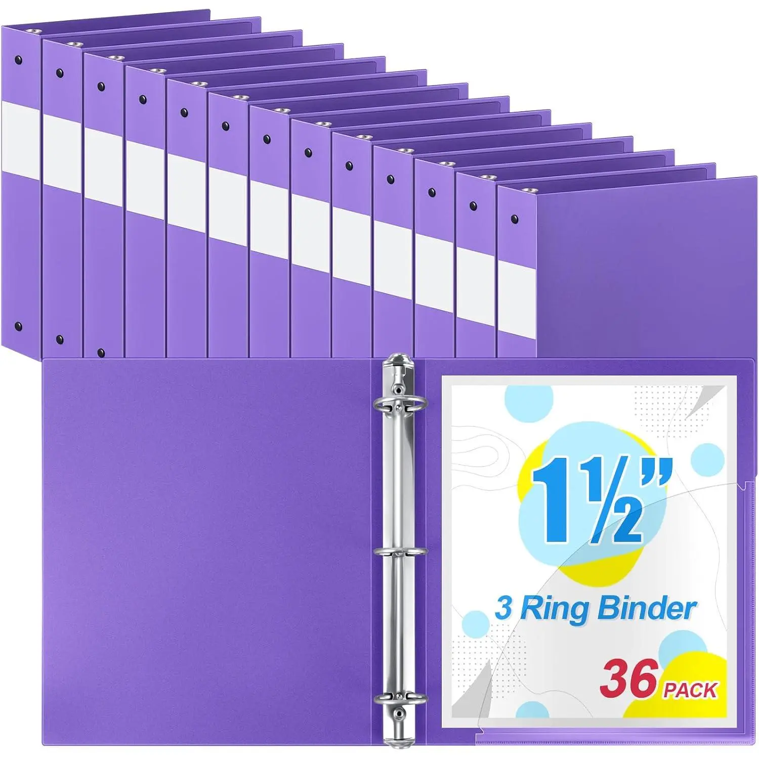 36 count 1.5 Inch 3 Ring Plastic Binder Bulk, | 1 1/2 Inch Soft Flexible Binders, Round Rings, Holds 350 Sheets, Fit 8.5x11 Papers, Binders for School Office