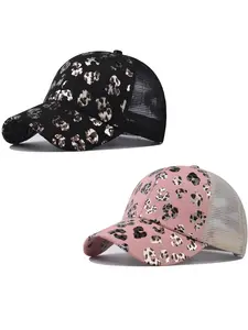 2Pack Ponycap Messy High Bun Ponytail Adjustable Glitter Mesh Stylish Hat Trucker Baseball Cap Leopard Baseball Cap