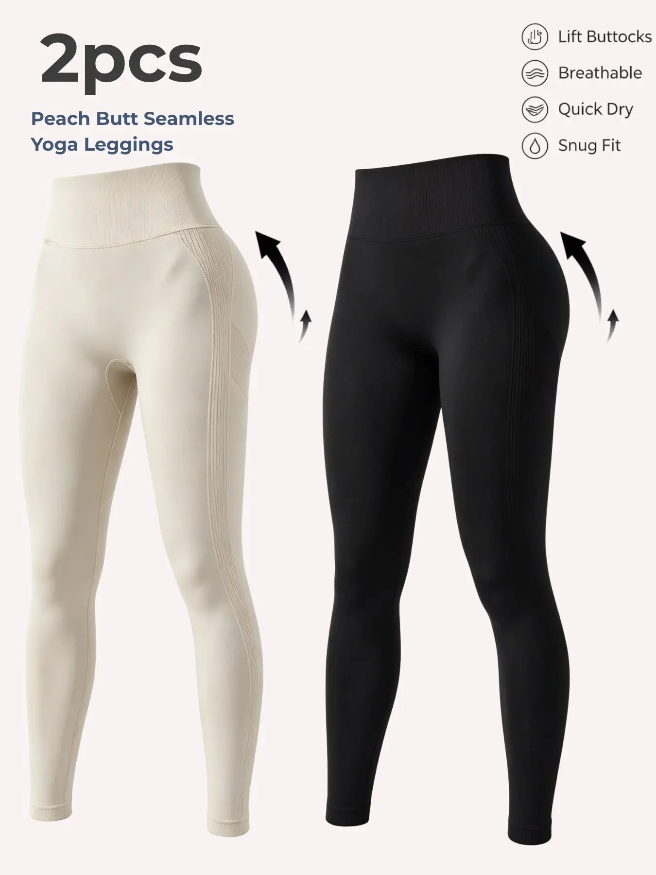2 Pcs High-Waisted Seamless Tummy Control Stretchy Ruched Yoga Leggings, Quick-Dry Breathable Snug Comfortable Fitness Athletic Pants, All-Season Slim-Fit Skinny Trousers, Gymoutfits Indoor Yoga, Pilates, Jogging Daily Casual Wear