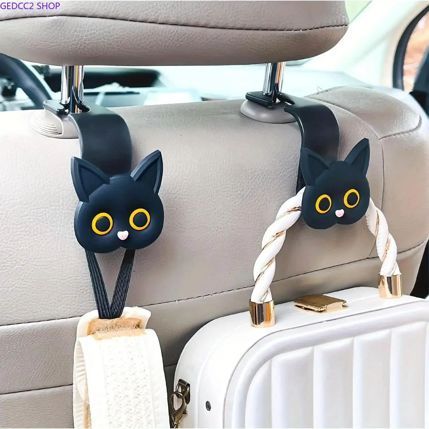 Unisex Cute Cat Plastic Hooks 2-Pack, All-Seasons Headrest-Mount Car Organizers and Storage, Interior Accessory for Bags & Groceries, Camping & Hiking Hammock Companion