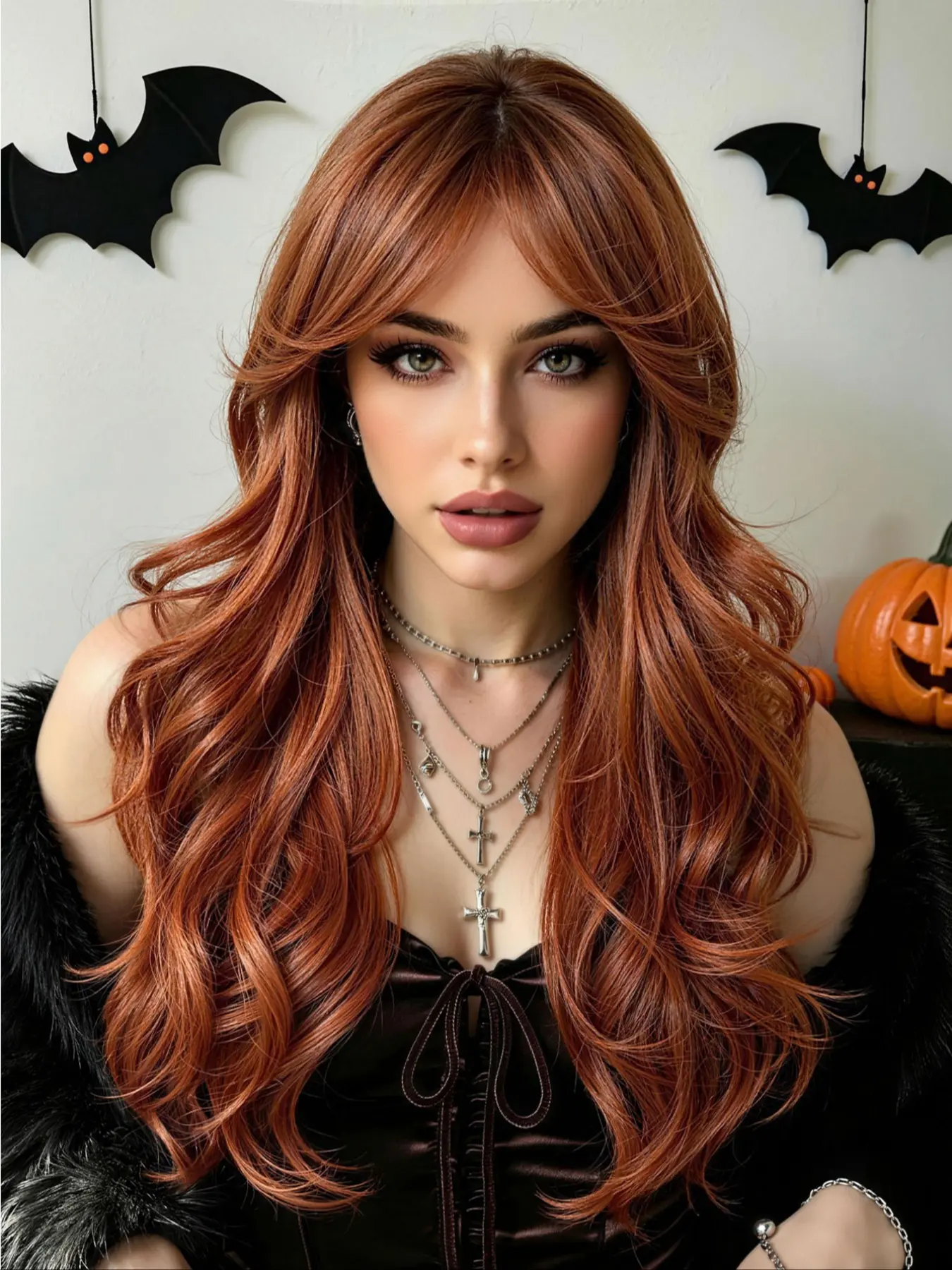 20-Inch Dirty Wavy Long Wig, French Bangs, Heat-Resistant Synthetic Hair, Women's Wig for Halloween Cosplay, Daily Selfies, Party