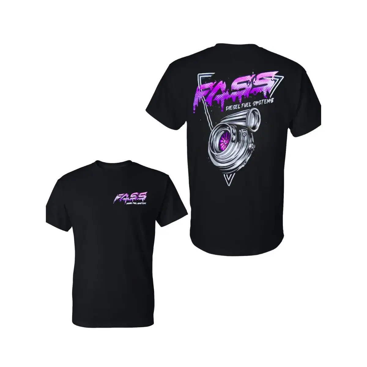 FASS Diesel Fuel Systems T-Shirt with Neon Purple Turbocharger and Graffiti Logo, Retro 2 Sides Graphic Tee, Soft Cotton Blend Shirt, Gift for Diesel Truck Fans