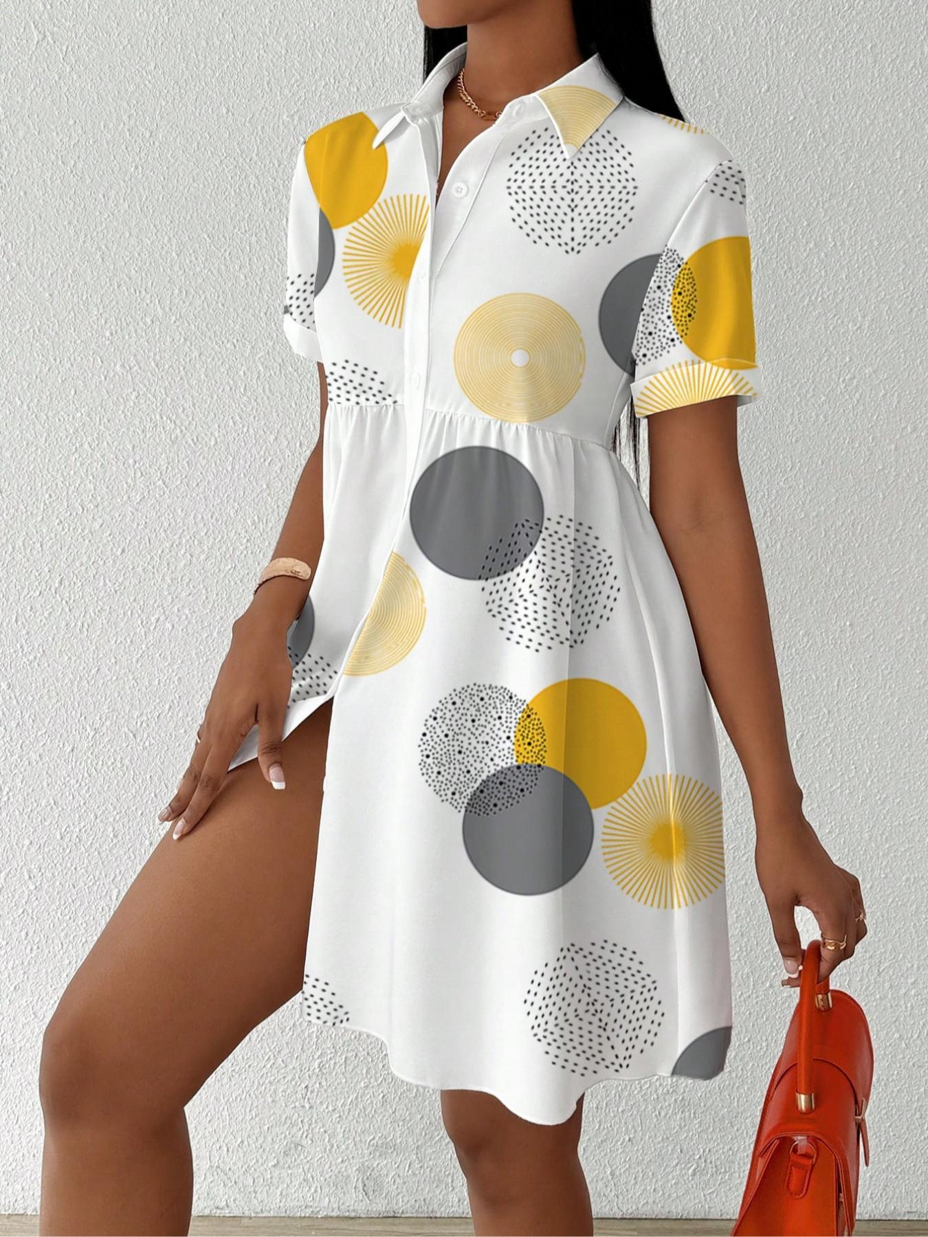 【Plus Size】 All Over Print Shirt Dress, Casual Short Sleeve Collared Dress for Summer, Women's Clothes for Daily Wear