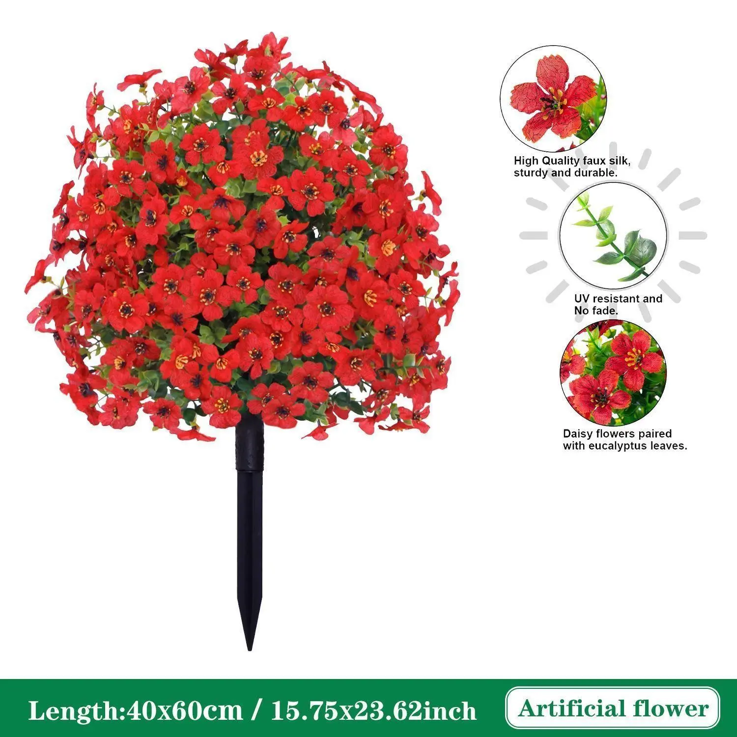 The artificial spike-shaped plant flowers, with ground spikes, artificial silk daisy eucalyptus flowers, Outdoor Faux Flowers, suitable for spring/summer decorations, UV-resistant for Christmas porch, home interior, balcony, patio