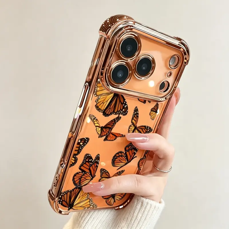 Retro Monarch Butterfly Phone Case  Electroplated 4 Corner Shockproof Clear TPU aestheticphonecase For iPhone   17, 16, 15, 14, 13, 12, 11, XS, X and S26 25 24 PLUS S23 22 ULTRA other series models comprehensive protectio,protective,luxury,crystal,texture
