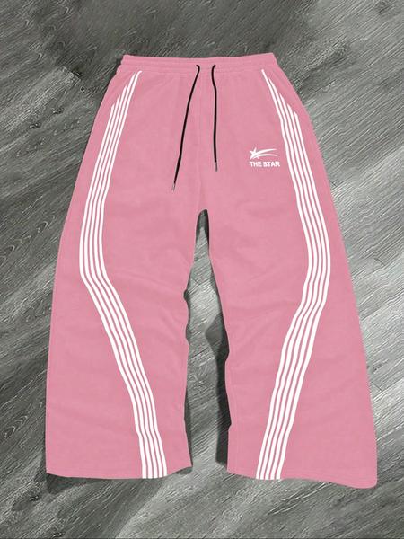 Men's Letter & Star & Striped Print Drawstring Waist Sweatpants, Regular Fit Casual Street Elastic Waist Straight Leg Trousers for Fall & Winter, Sports Casual Pants, Men's Bottoms for Daily Wear