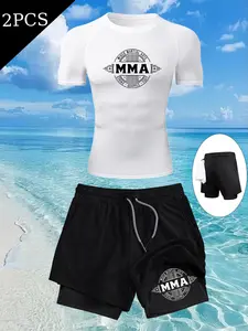 Men's Printed Sportswear Set, Round Neck Short Sleeve & Two-In-One Shorts, Lightweight Fabric, Summer Outdoor Wear, Breathable Running Gear