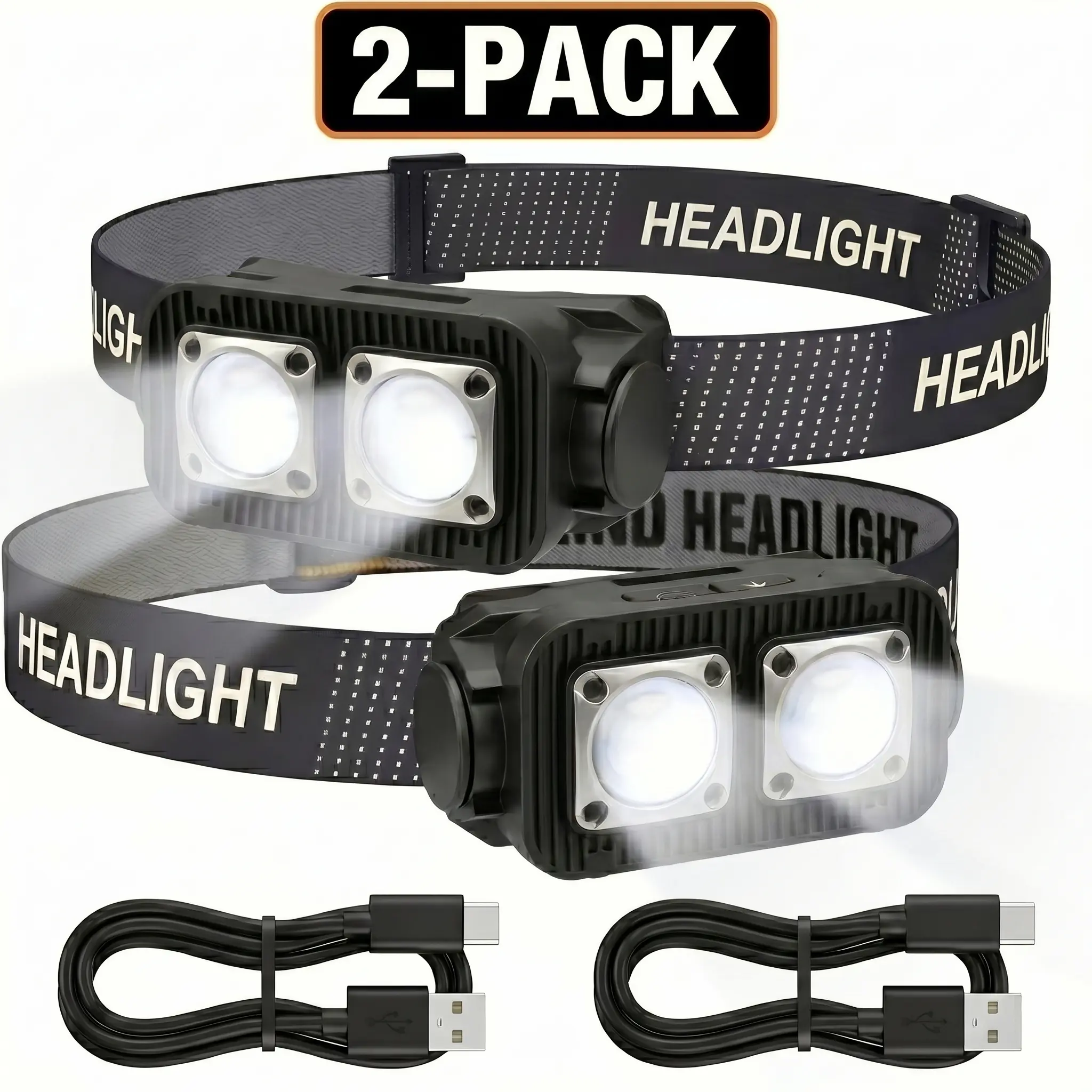 2 Pack USB Rechargeable LED Headlamps with Headband - Built-in Flashlight, Hands-Free, IPX6 Waterproof, 90-Degree Tilting Head, High-Power for Adults, Camping Essentials, Emergency Tool