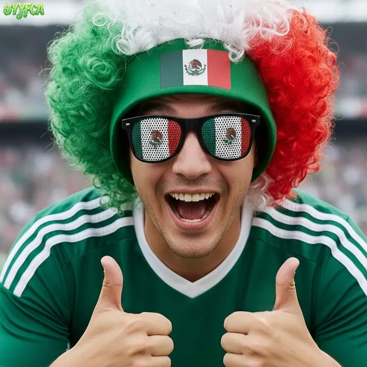 2 Piece Mexico National Flag Fan Costume Set, Green White Red Fluffy Afro Curly Wig With Mexican Flag Headband And Country Flag Print Lens Sunglasses, Adult Cheer Accessory Kit For National Holiday Party Decor Celebrating Mexico's victory,summerwins