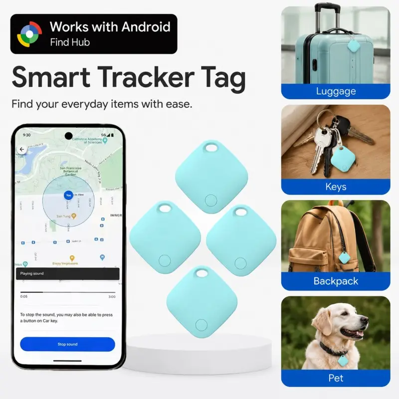 4-Pack Smart Tag for Android, Wireless Anti-Lost Item Locator, Smart Tracker, Compatible with Android Find HUB APP, for Keys, Wallets, Backpacks, Tablets