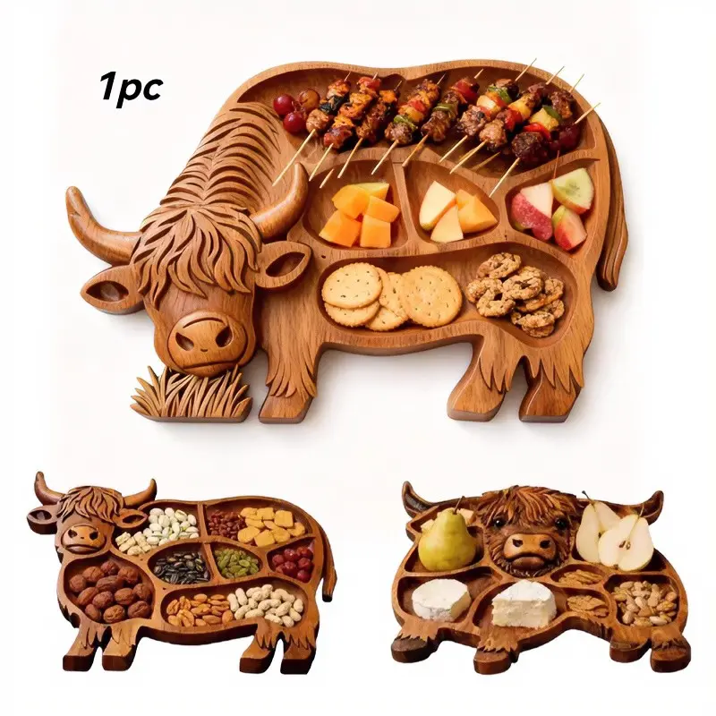 1Pc Highland Cow Charcuterie Board Wood Serving Platter Cozy Rustic Farmhouse Country Aesthetic Divided Compartments For Cheese Meat Fruit Snack Wood Carved Kitchen Party Hosting Picnic Cow Lover Gift Wooden Serving Platter TikTok Shop Finds