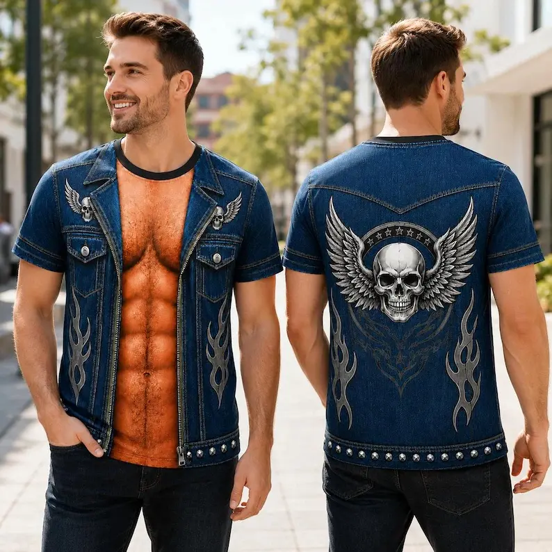 Funny Biker T Shirt, Hairy Chest Illusion Tee, Skull Wing Shirt, Motorcycle Costume, Gift for Men # TikTokMadeMeBuyIt # HalloweenHawaiianShirt # HolidayCostumeTop # ChristmasBeachWear # HalloweenCostumeShirt