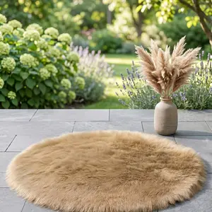 1pc Khaki Faux Fur Bohemian Round Carpet, Cozy 80% Acrylic 20% Polyester Shag Rug for Study Sofa Bedroom Living Room Entryway, Non-Shedding Easy to Maintain, Warm Ethnic Area Rug Gift Idea