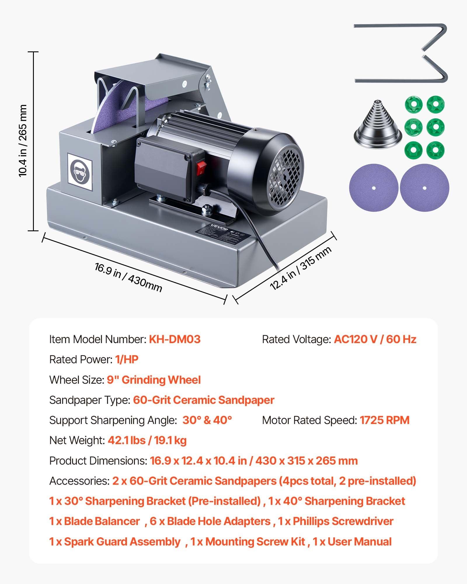 VEVOR Lawn Mower Blade Sharpener, 1HP Lawnmower Blades Grinder with 9" Ceramic Grinding Wheel, Grit Collector & Balancer, 30 ° /40 ° Blade Sharpening Machine for High Lift, Low Lift, Gator & Flat Blades VEVOR Lawn Mower Blade Sharpener, 1HP Lawnmower Blades Grinder with 9" Ceramic Grinding Wheel, Grit Collector & Balancer, 30 ° /40 ° Blade Sharpening Machine for High Lift, Low Lift, Gator & Flat Blades