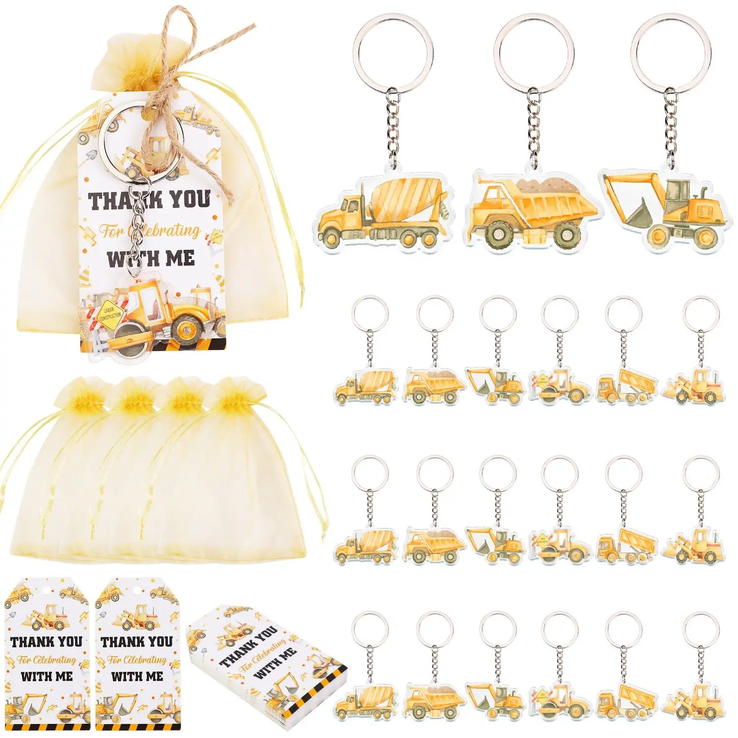 1Set Construction Theme Party Favor 72pcs Construction Truck Party Favor Key Chain Thank You For Celebrating With Me Tag White Organza Bag for Construction Baby Shower Birthday Party Supplies