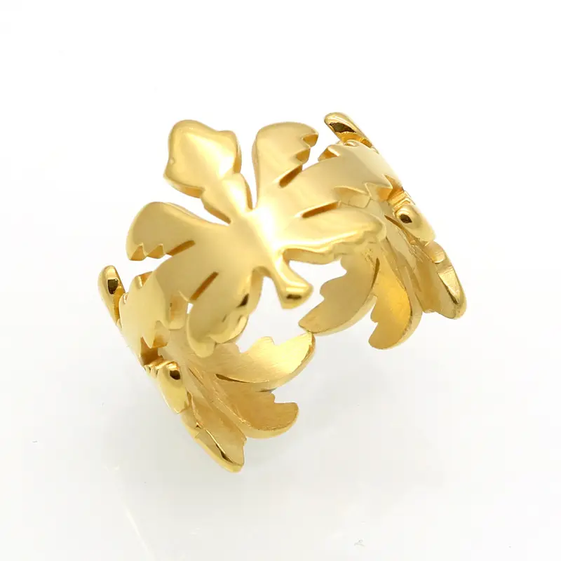 Korean-style fashion personality jewelry: Stainless steel electroplated gold hollow maple leaf open ring