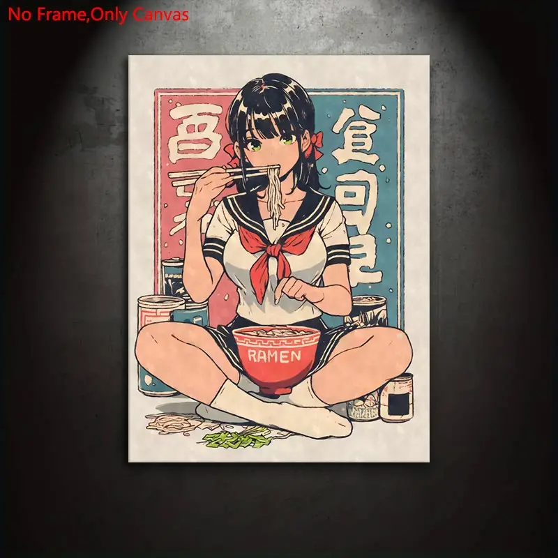 1 Piece/Set Frameless Canvas Painting Print Poster, Classic Pop Ukiyo-e Art, Aesthetic Retro Anime Girl Eating Ramen, Perfect Gift for Japanese Manga Lovers, Ideal Gift for Bedroom, Study, Office, Living Room, Dorm Hallway, Kitchen, Mural, Wall Decoration