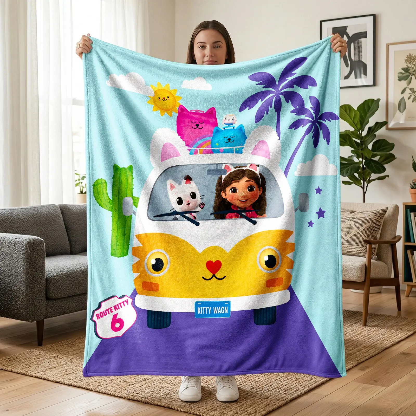 1pc Cute Kitty Bus Flannel Blanket, Cartoon Cat Van Throw, Kawaii Girl and Kitten, Rainbow Luggage, Tropical Palm Tree Travel Design, Soft Cozy Fleece Blanket for Sofa Bed Couch Office Camping Travel, Birthday Christmas Gift