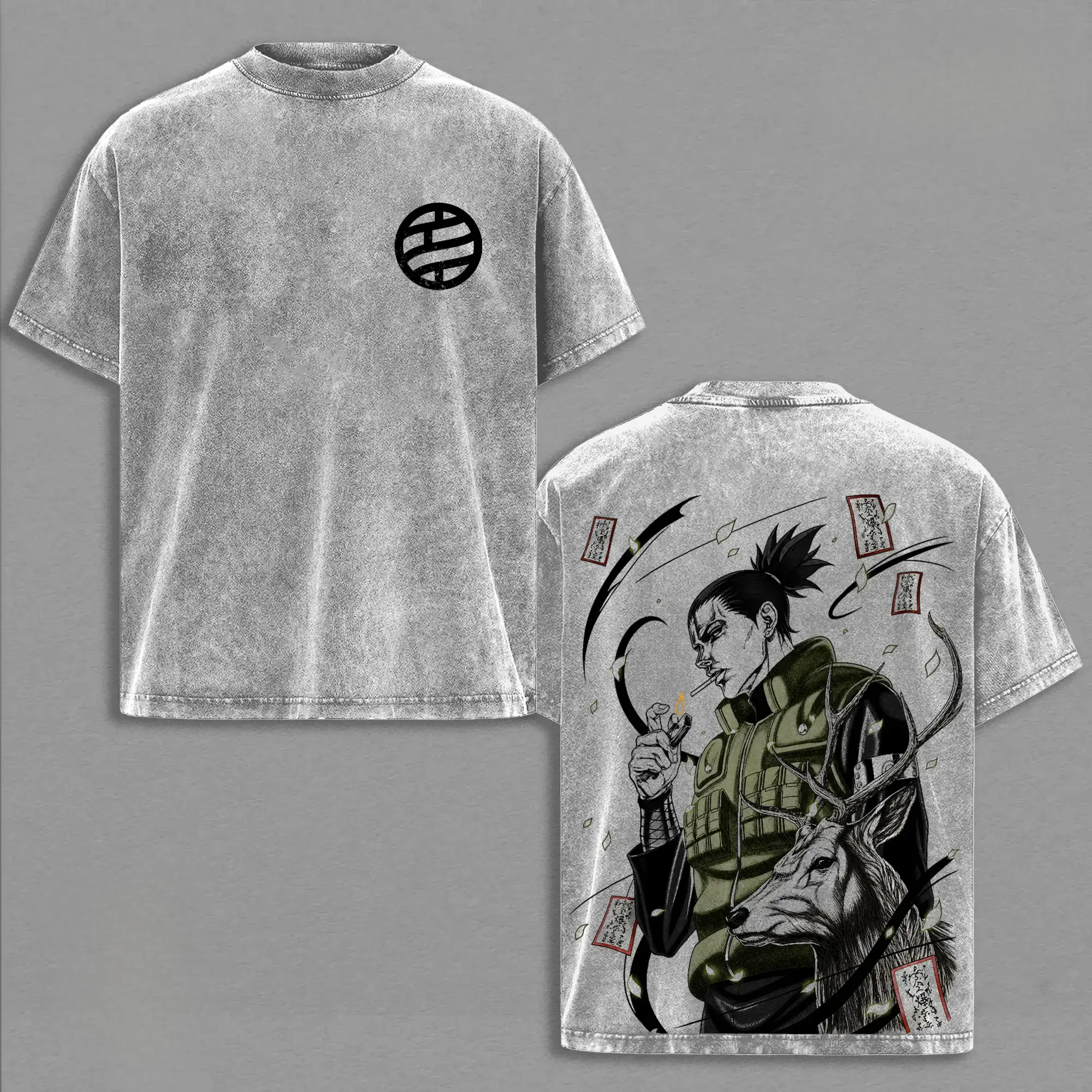 Y2K Vintage Washed Cotton Oversized T Shirt Dark Ninja Naruto Shikamaru Nara Clan Seal Deer Scroll Dual Print Crew Neck Short Sleeve Street Top For Alt Fashion College School Party Anime Lover Wear
