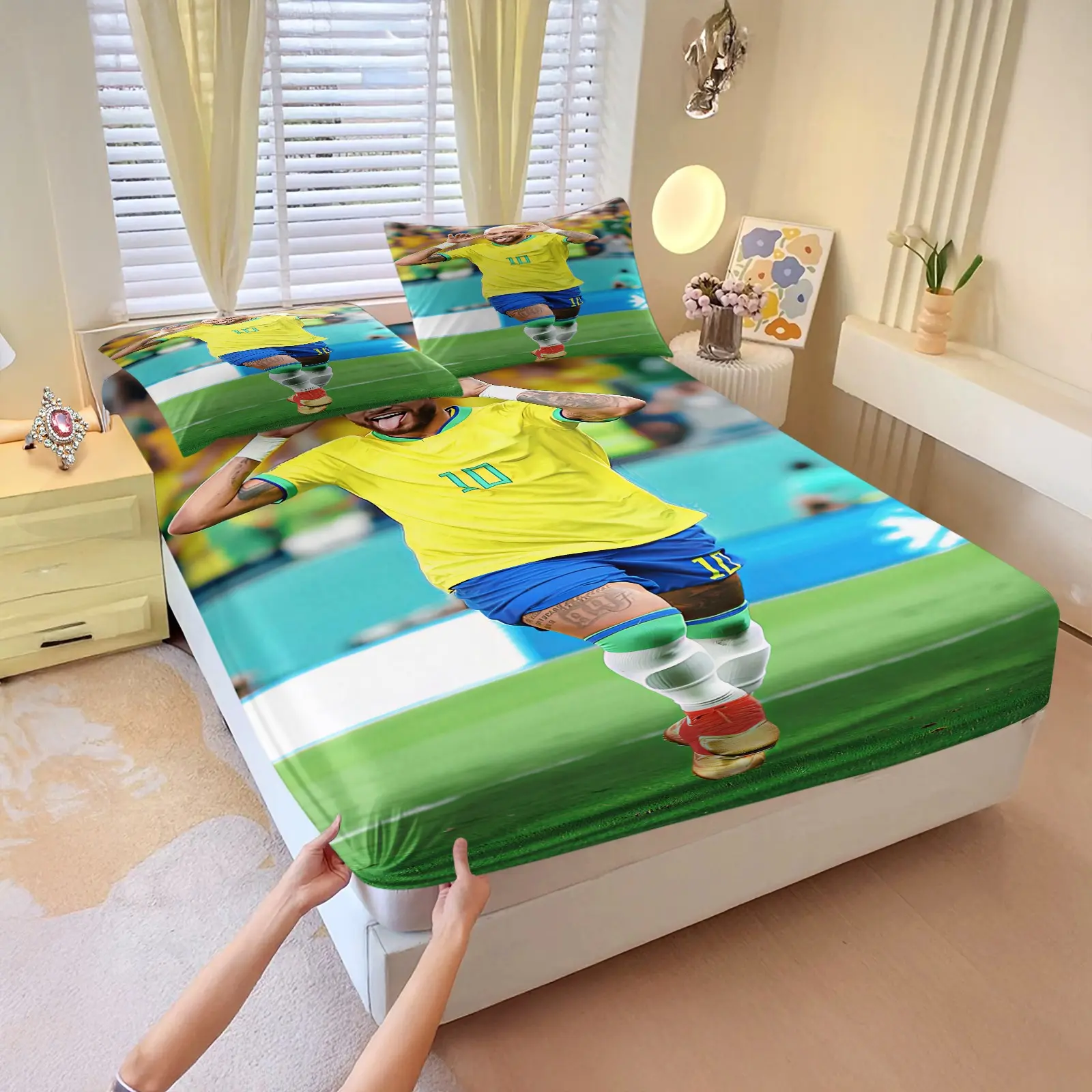 3Pcs Soccer Legend Star Print Fitted Sheet Set, Printed Bedding Set, Sports Style Colorful Character Pattern, Soft Fitted Sheet, Comfortable Microfiber Fitted Sheet For Bedroom Dorm Guest Room Home Decor
