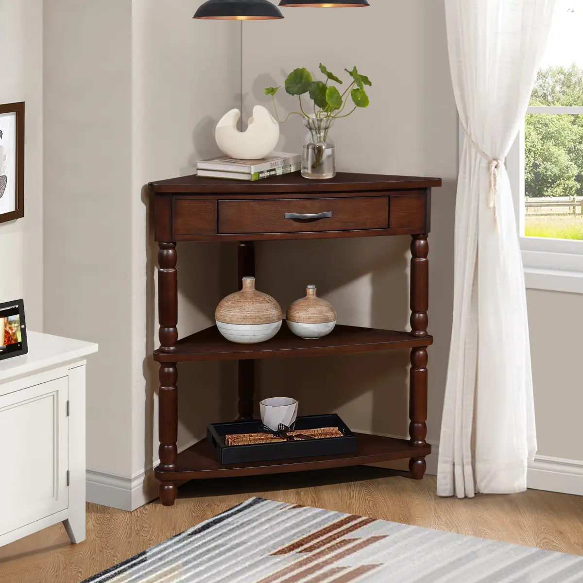 33.8"Triangle Corner Side Table, 3-Tier Wood Corner End Table with Solid Wood Legs, Small Space Corner Storage Shelf for Living Room Bedroom Bathroom Light Espresso