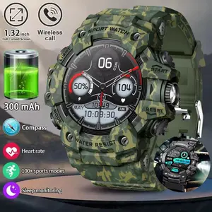 Rugged Sport Smart Watch, Bluetooth-compatible Calls, Waterproof, Military Style, Flashlight, Sos Compass, Compatible with iOS, 1.32 Inches Screen
