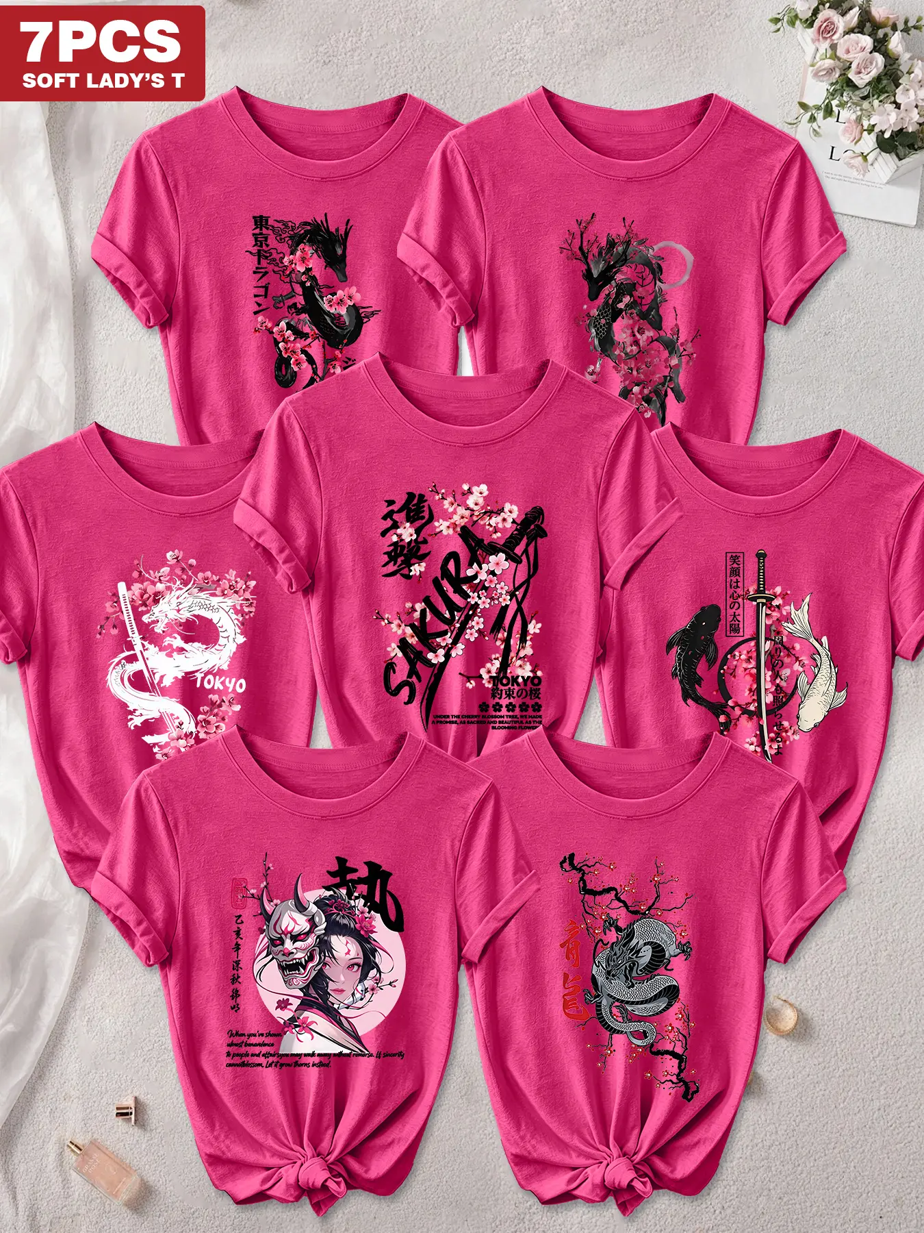 7Pcs Women Crew Neck T-Shirt, Japanese Wabi-sabi Print Sakura Dragon, Koi Fish & Samurai Art Graphics, Multi-color Available, Machine Washable, Soft Skin-friendly Spring Summer Daily Casual Stylish Top