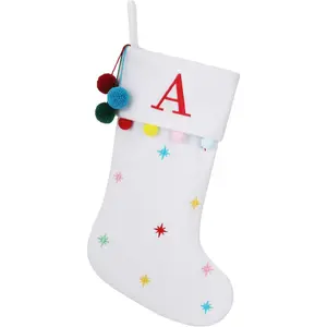 19.5 Inches Initial Monogram White Personalized Embroidered Letter Fleece Christmas Stocking with Pom Poms for Family Christmas Holiday Party Decor