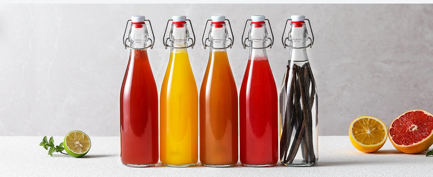 8 Set 16 OZ Swing Top Glass Bottles - Flip Top Beer Brewing Bottles with Stopper for Fermentation, Kombucha, Mead Kefir, Vanilla Extract, Juice, Tea, Wine, Soda - Airtight Cap Lids, Bonus 2 Pourers