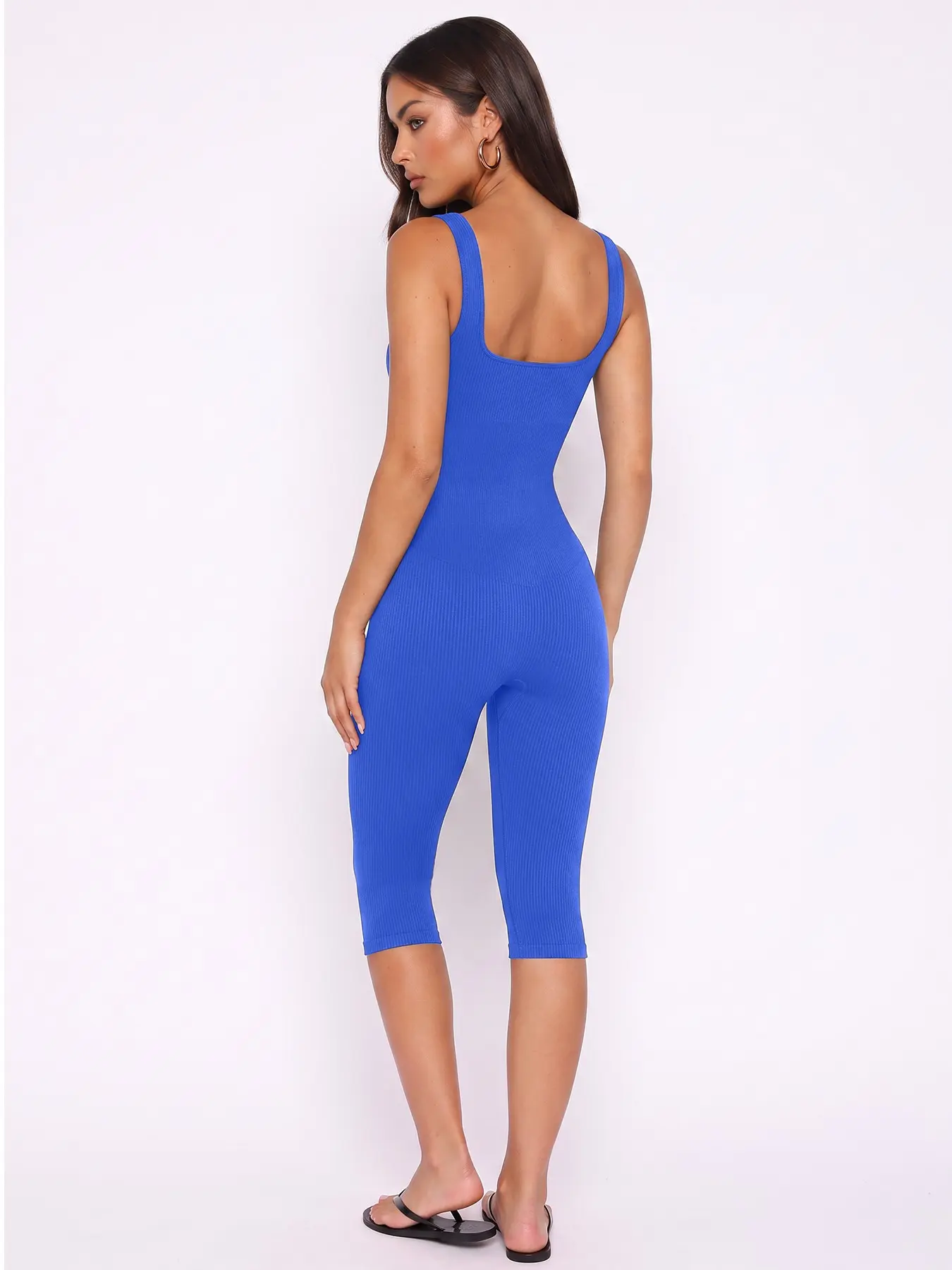Women's Yoga Capri Jumpsuit Square Neck Backless Tummy Control Butt Lifting, Workout Shorts Romper Seamless Ribbed Sleeveless Unitard for Gym Workout Sports