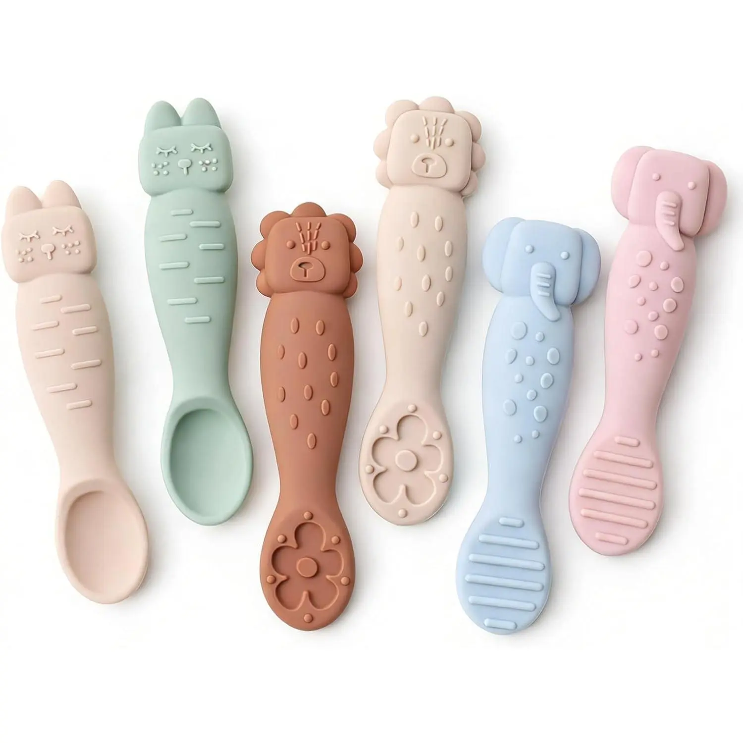 Silicone Baby Spoons Set 6PK - Stage 1 Self Feeding Spoons & Teething Toy 2-in-1 for 3M+, Soft Tip Toddler Chewable Utensils for BLW Weaning, BPA Free Easy Grip Short Handle(Gift)