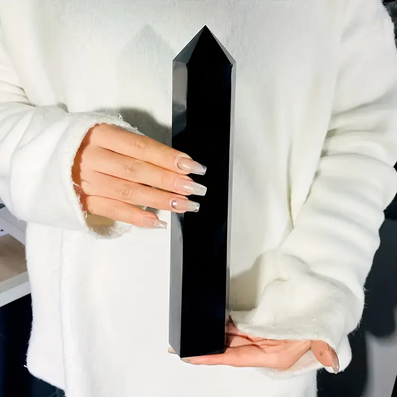 One Piece Natural Black Obsidian Crystal Tower, Large Hexagonal Crystal Pillar Obelisk Crystal Generator, Decorative Natural Stone Ornament for Home Embellishment, Great for Meditation, Suitable Display Decor and Holiday Gift