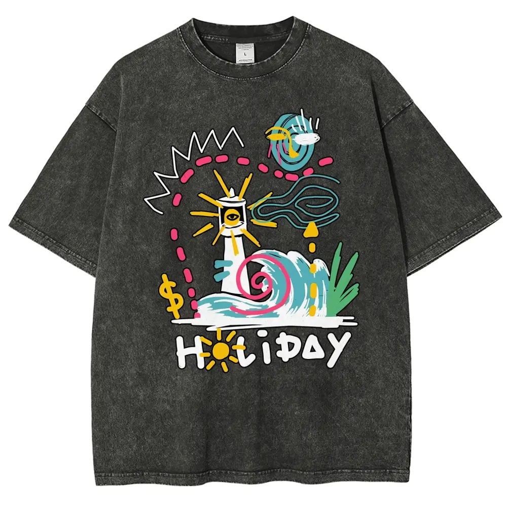 Unisex HOLIDAY Lighthouse, waves, sun, US dollars Graphic Washed T-Shirt Personalized Pattern Y2k Clothing Round Neck Washed T-Shirt,Women's Clothing 100% Cotton, Menswear, Top, Vintage Style,Summer Casual Oversized