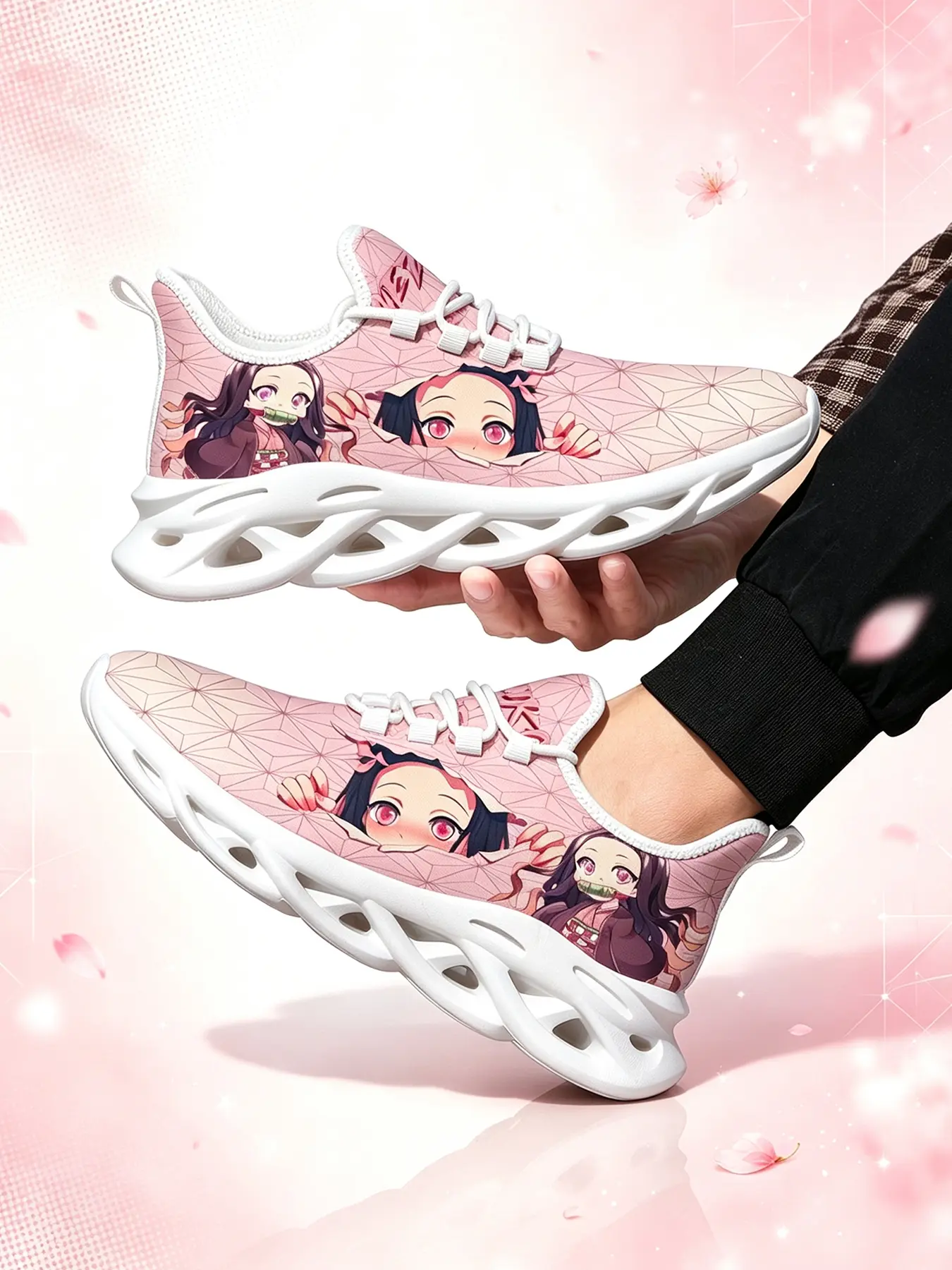 Cute Girls Women'S Casual Shoes Kawaii Pink Kamado Nezuko Pattern Printed Four Seasons Comfortable Breathable Low Top Sneakers Versatile For Daily Outings Campus Wear Lace Up Cushion Casual Trendy Trainers Birthday Gift