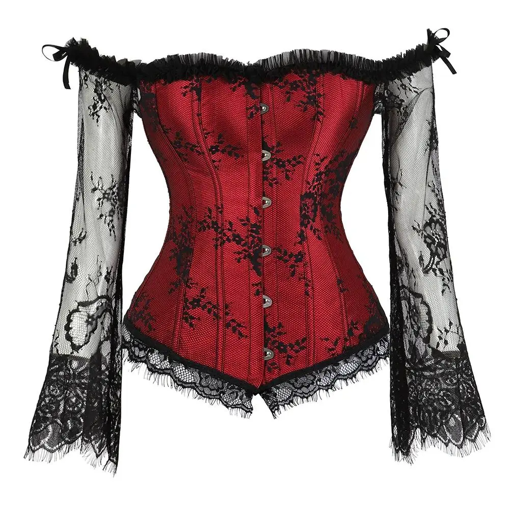 Tops for Women with Lace Sleeves Bustier Overbust Lace Up Bodice Lingerie Tummy Control Gothic Corset for Halloween Costumes & Party Outfits Womenswear 8125-D1