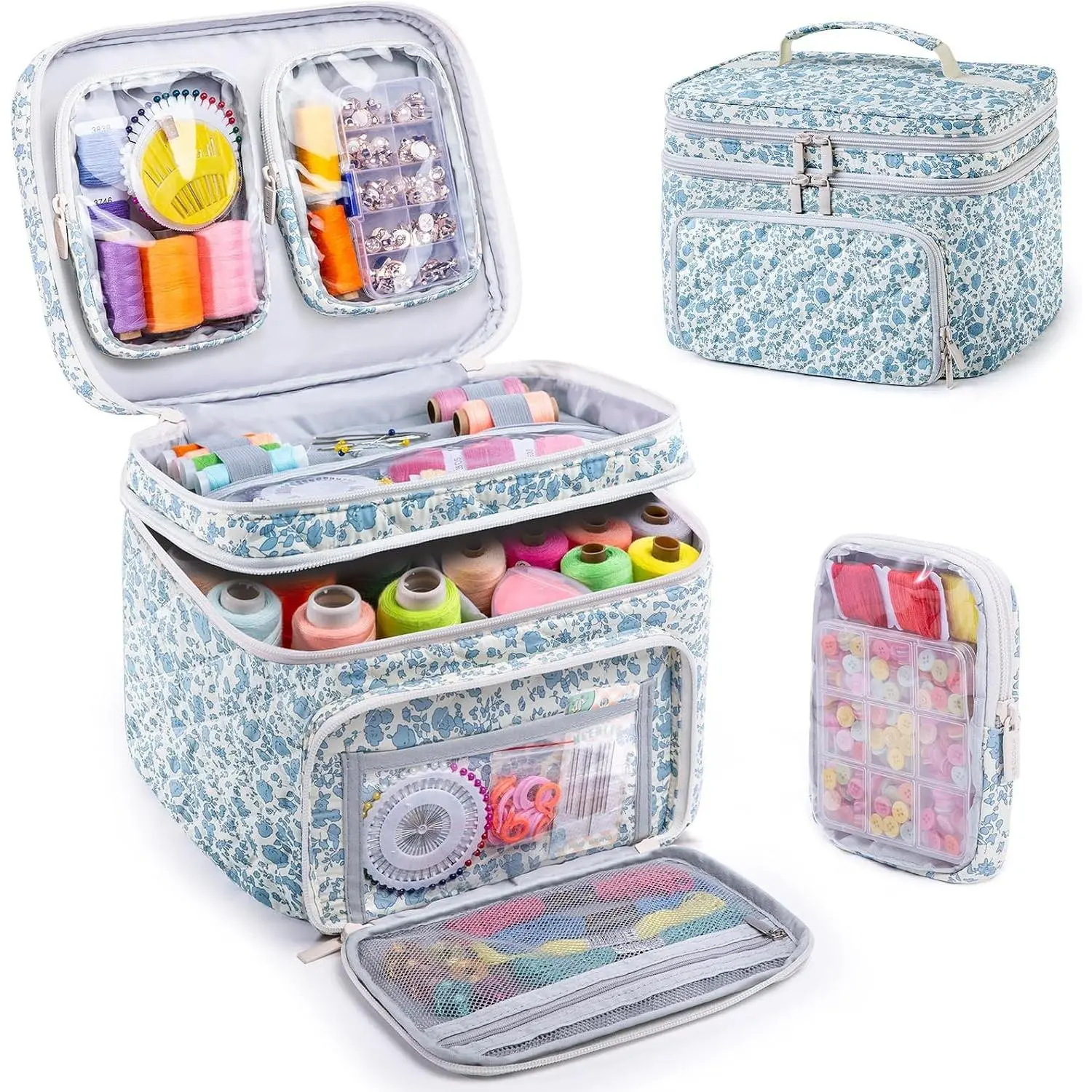Double-Layer Sewing Organizer Storage Bag with 2 Detachable Pouches, Large Quilted Sewing Basket for Supplies & Tools, Portable Travel Sewing Kit Case, Gift for Mom(Bag ONLY)