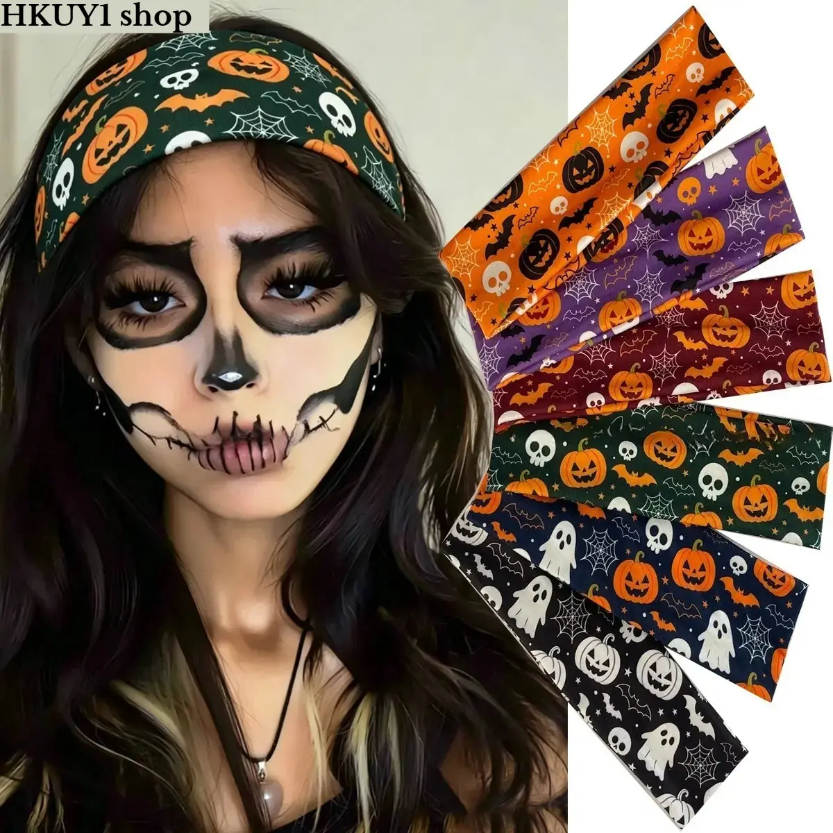 1/6 Pieces Women Halloween Wide Elastic Headband Pumpkin Ghost Bat Print Hair Band Cute Spooky Stretch Hair Accessory For Makeup Face Washing Cosplay Party Fall Outfit Daily Wear Y2K Aesthetic TikTok Viral Festival Headwear Hair Wrap