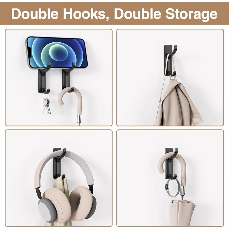 Adhesive Wall Hooks for Towels Coats - Stick On Hooks Hanging Heavy Duty (13lb), Metal Hook for Door, Bathroom, Dorm, Closet - Hanger for Purse, Bag, Robe,Backpack - No  to Wall - Black 4 Pack